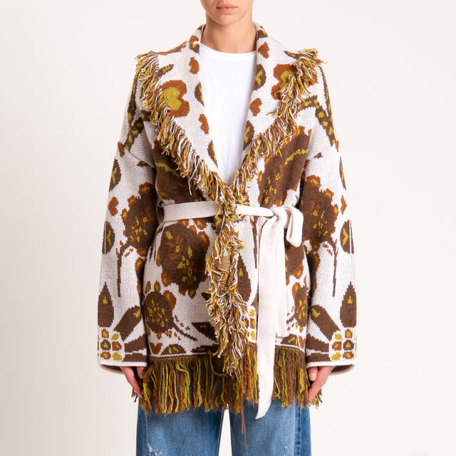 Haveone-Cardigan misto alpaca fantasia foglie - latte/moro/olio
