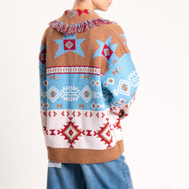 Haveone-Cardigan misto alpaca fantasia etnica - cuoio/rosso/azzurro