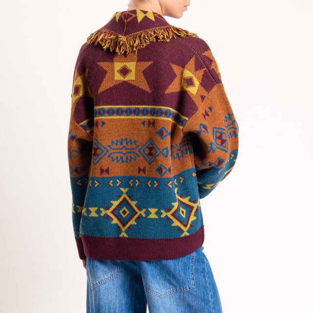 Haveone-Cardigan misto alpaca fantasia etnica - vino/pertrolio/olio