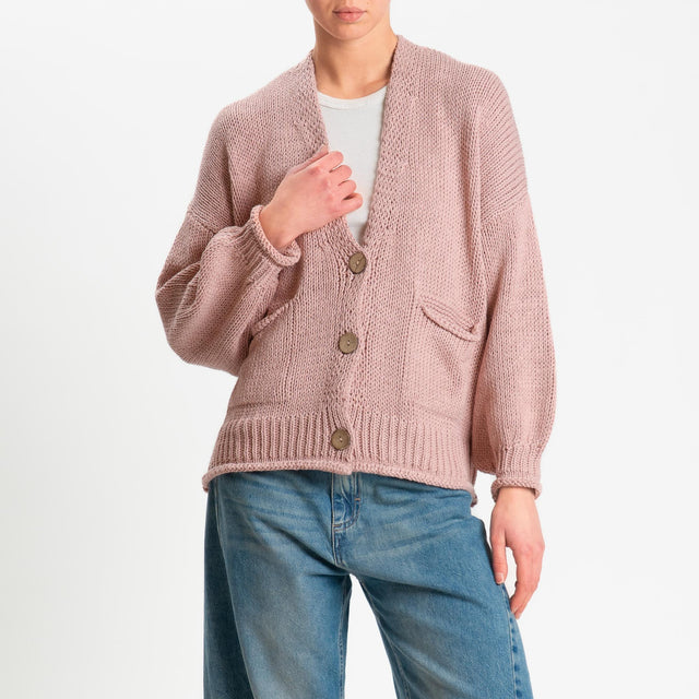 Haveone-Cardigan bottoni con tasche - rosa