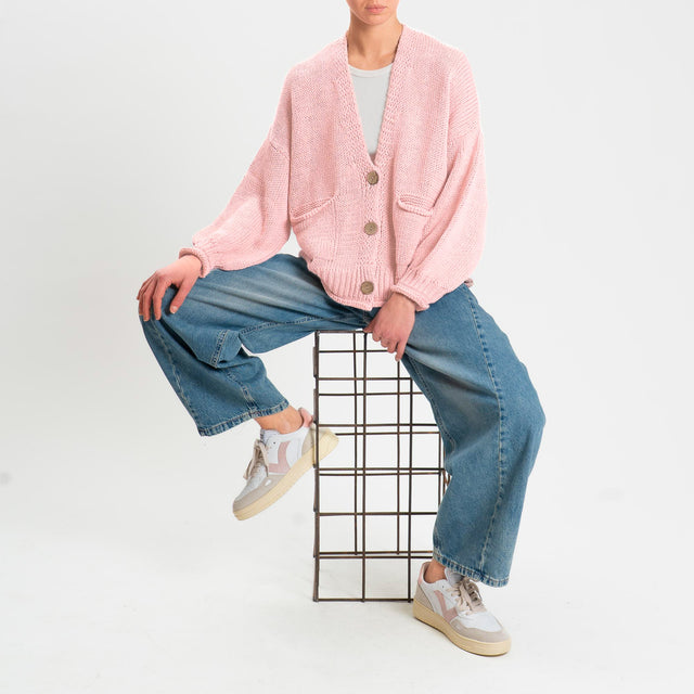 Haveone-Cardigan bottoni con tasche - rosa