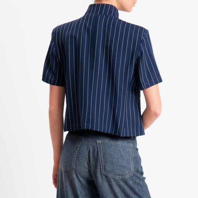 Haveone-Giacca gessata asimmetrica mezza manica - Blu