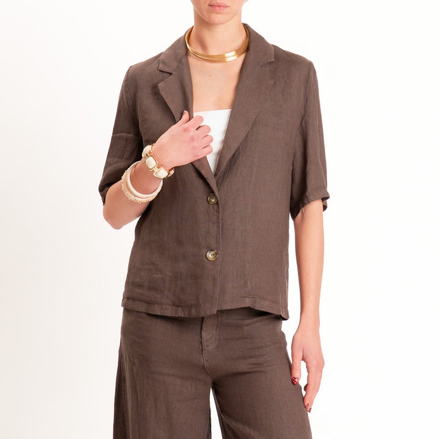 Haveone-Giacca mezza manica 100% lino - cioccolato