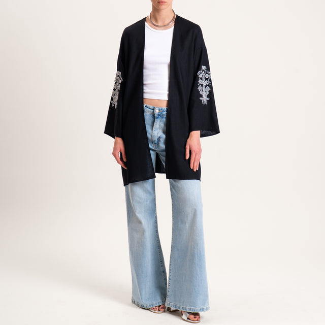 Haveone-Kimono misto lino con applicazioni - nero