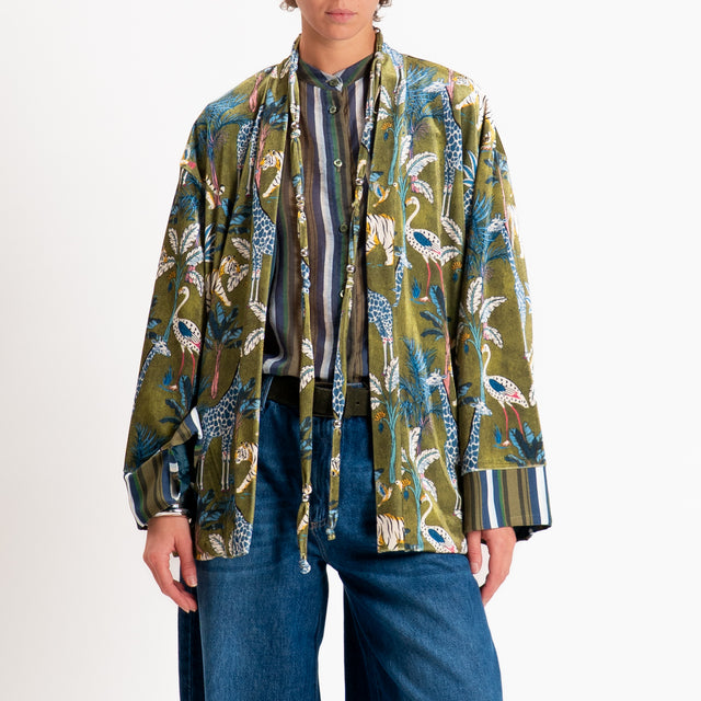 Haveone-Kimono in ciniglia fantasia jungle - verde/ottanio