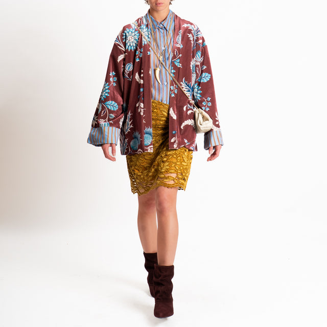 Haveone-Kimono in ciniglia fantasia floreale - vino/celeste/ottanio
