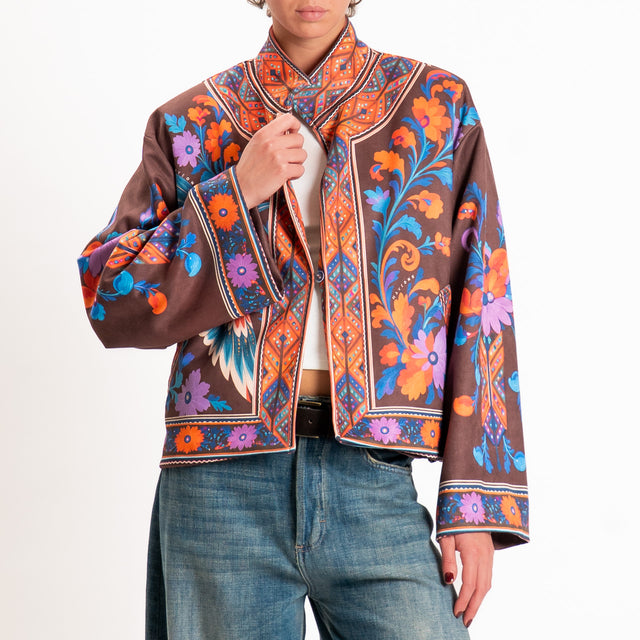 Haveone-Giacca kimono fantasia airone - moro/arancio/ottanio