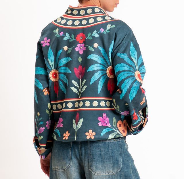 Haveone-Giacca kimono fantasia palme - petrolio/ottanio/rosso