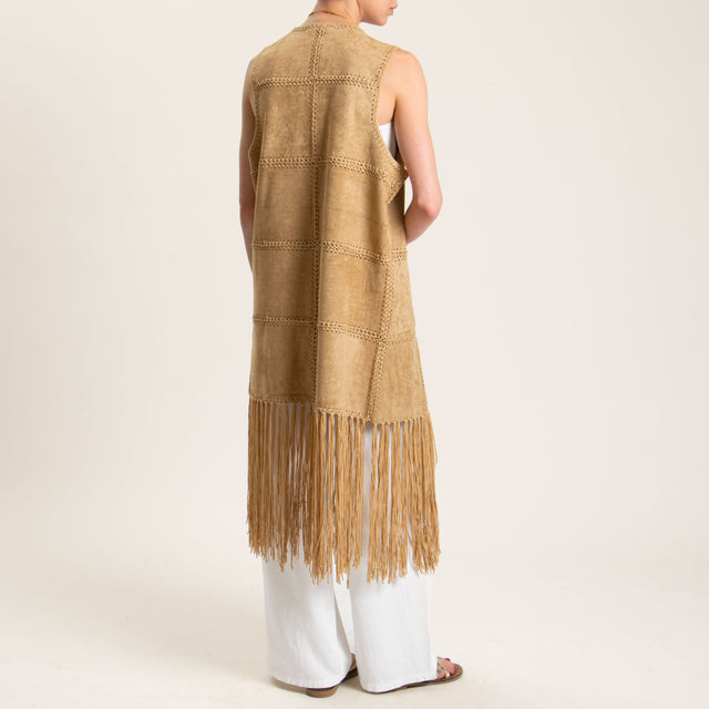 Haveone-Gilet oversize con frange - cammello