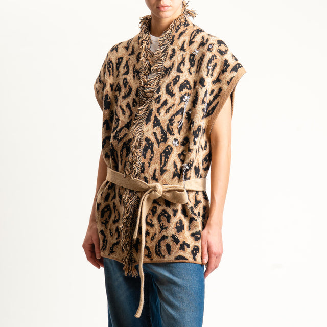 Haveone-Gilet animalier con applicazioni - cammello/nero/cuoio