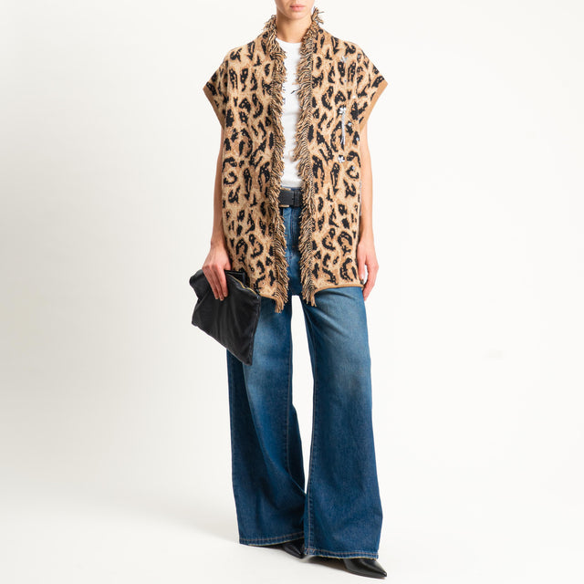 Haveone-Gilet animalier con applicazioni - cammello/nero/cuoio