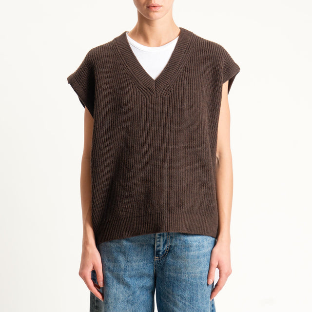 Haveone-Gilet scollo v misto alpaca coste inglesi - moro