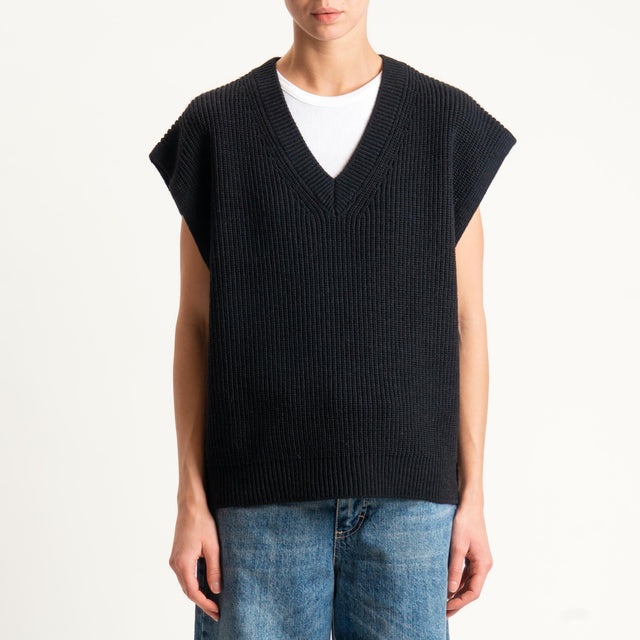 Haveone-Gilet scollo v misto alpaca coste inglesi - nero