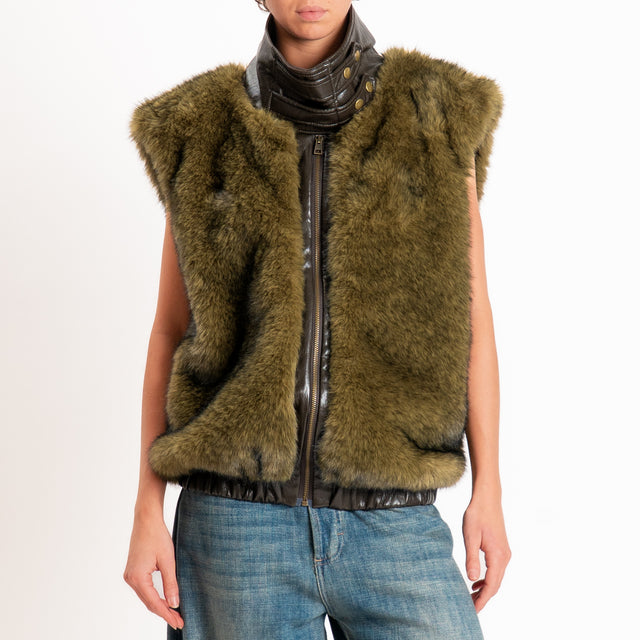 Haveone-Gilet doppio tessuto ecopelliccia e similpelle - militare/moro