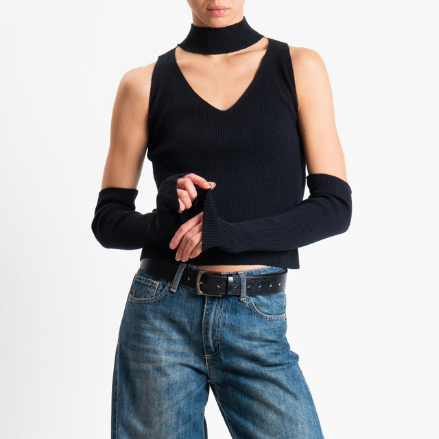 Haveone-Maglia collo montato scollo v con manicotti - nero