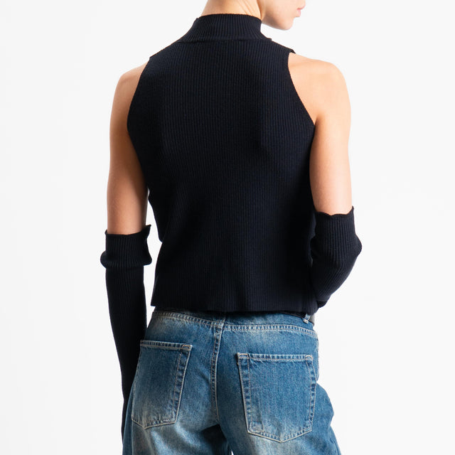 Haveone-Maglia collo montato scollo v con manicotti - nero