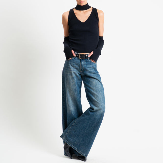 Haveone-Maglia collo montato scollo v con manicotti - nero