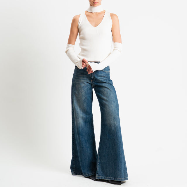 Haveone-Maglia collo montato scollo v con manicotti - panna