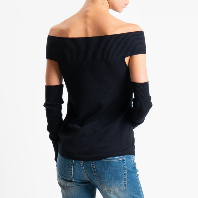 Haveone-Maglia collo shiffer cut out con manicotti - Nero