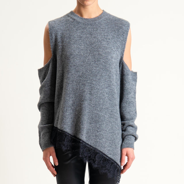 Haveone-Maglia cut out misto lana con pizzo - grigio