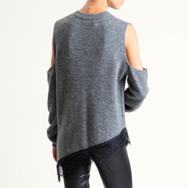 Haveone-Maglia cut out misto lana con pizzo - grigio