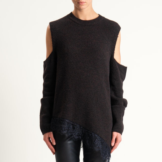 Haveone-Maglia cut out misto lana con pizzo - moro