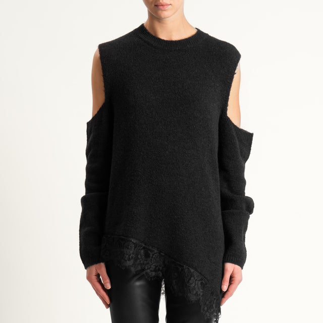 Haveone-Maglia cut out misto lana con pizzo - nero