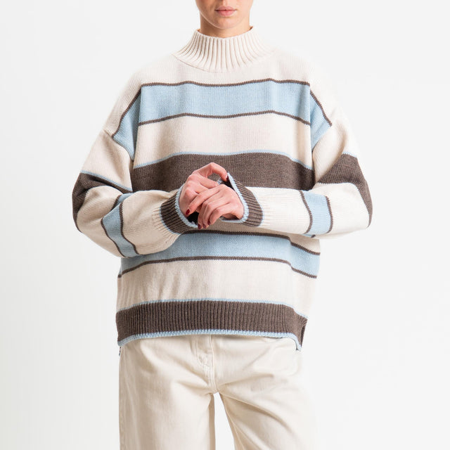 Haveone-Maglia a righe collo montato misto alpaca - azzurro/tortora/burro