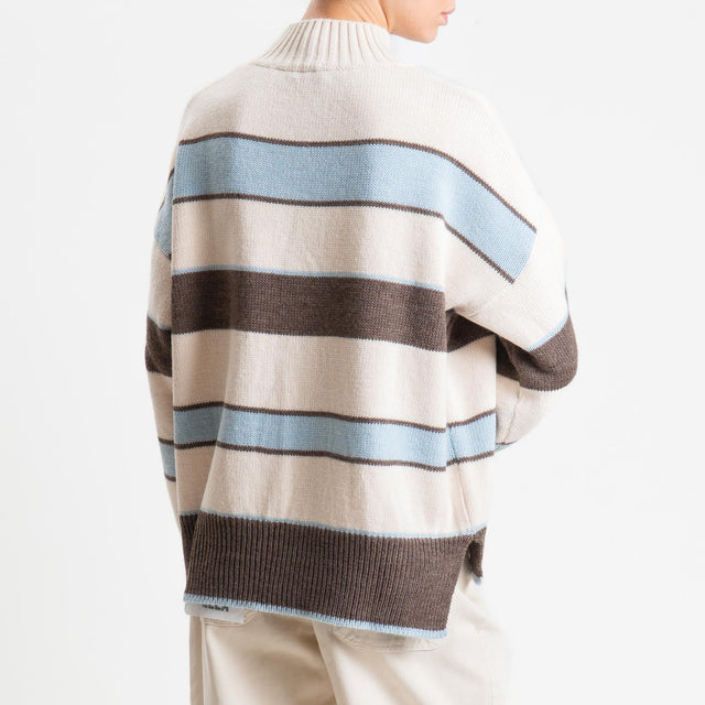 Haveone-Maglia a righe collo montato misto alpaca - azzurro/tortora/burro