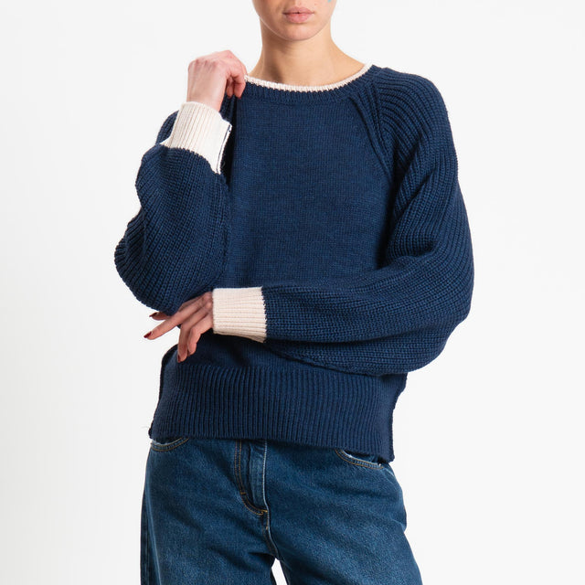 Haveone-Maglia misto alpaca bordi a contrasto - blu/burro