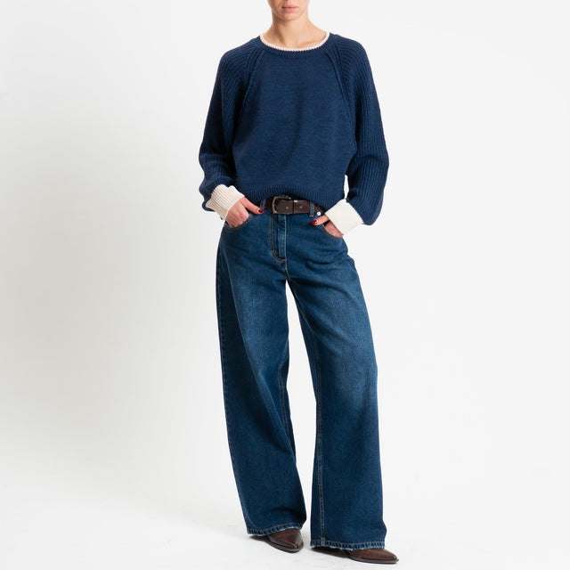 Haveone-Maglia misto alpaca bordi a contrasto - blu/burro