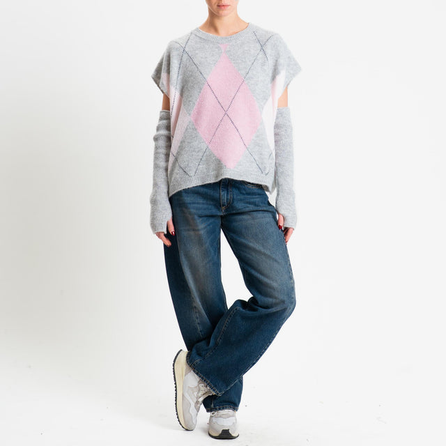 Haveone-Maglia rombi argyle con manicotti misto lana - perla/bubble/cipria