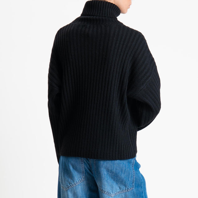 Haveone-Maglia collo alto costa inglese misto alpaca - nero