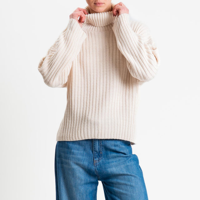 Haveone-Maglia collo alto costa inglese misto alpaca - panna