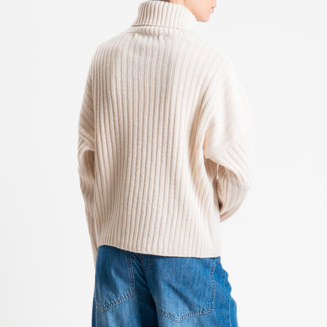 Haveone-Maglia collo alto costa inglese misto alpaca - panna