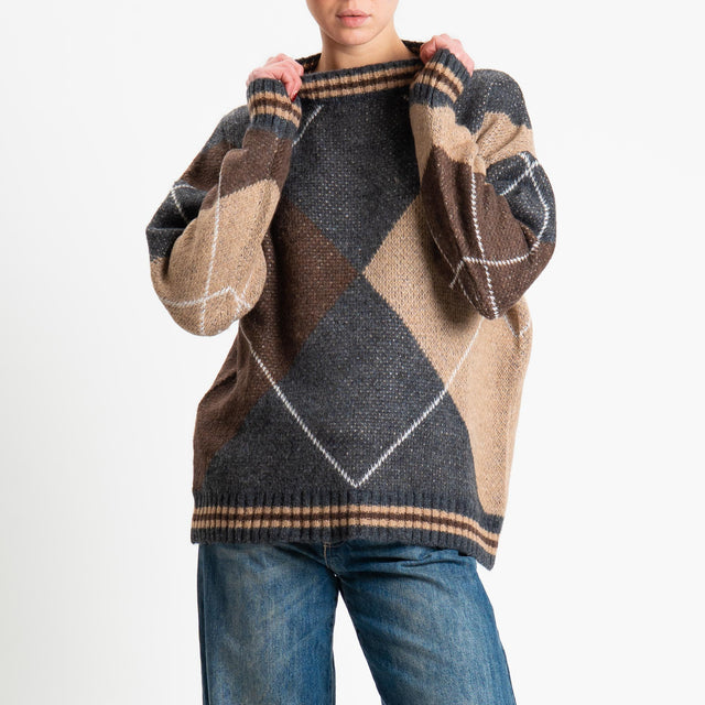 Haveone-Maglia rombi argyle misto lana - grigio/moro/camel