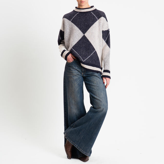 Haveone-Maglia rombi argyle misto lana - blu/perla/panna
