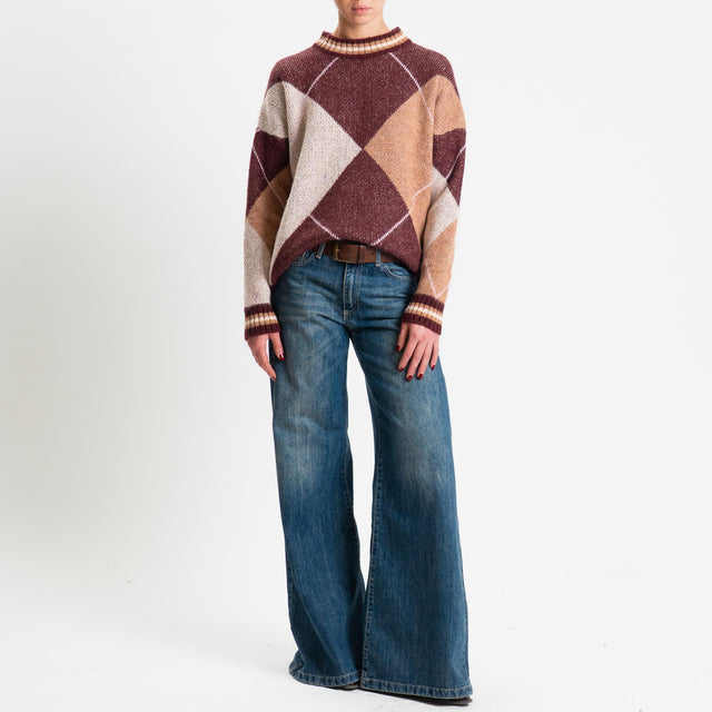 Haveone-Maglia rombi argyle misto lana - bordeaux/camel/rosa
