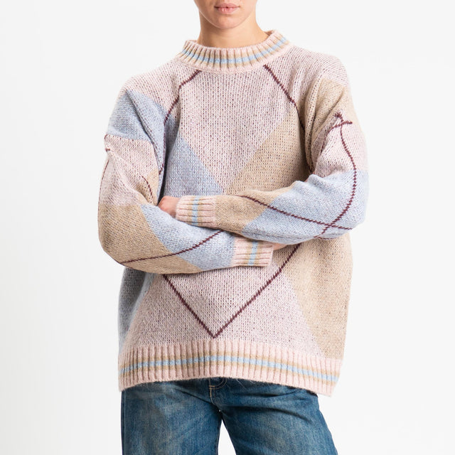 Haveone-Maglia rombi argyle misto lana - rosa/celeste/beige