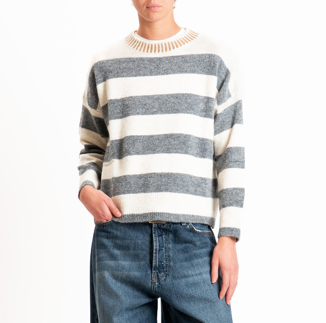 Haveone-Maglia scatola righe misto lana - grigio/panna/cammello