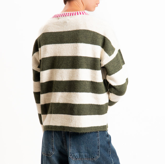 Haveone-Maglia scatola righe misto lana - militare/panna/fucsia