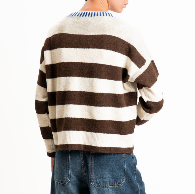 Haveone-Maglia scatola righe misto lana - moro/panna/bluette