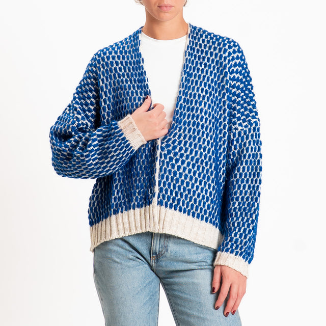 Haveone-Cardigan nido d'ape misto lana scollo v - ecru/blu