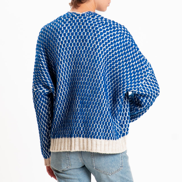 Haveone-Cardigan nido d'ape misto lana scollo v - ecru/blu