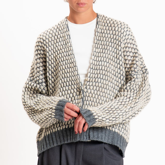 Haveone-Cardigan nido d'ape misto lana scollo v - grigio scuro/ecru