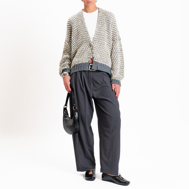Haveone-Cardigan nido d'ape misto lana scollo v - grigio scuro/ecru