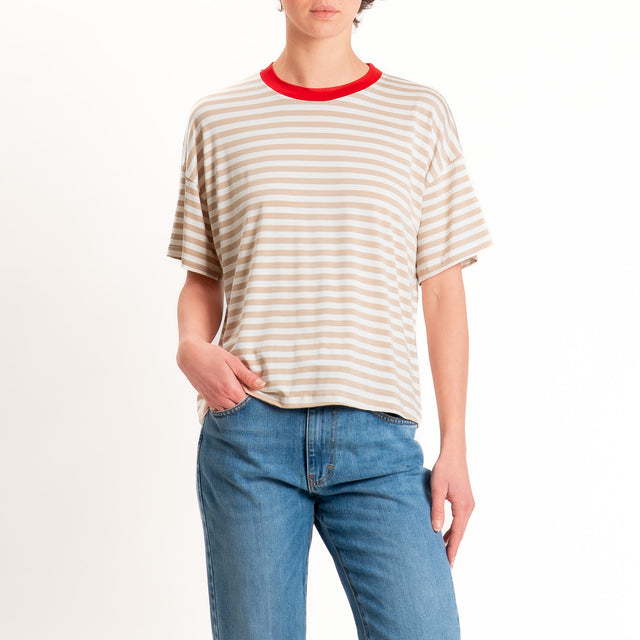 Haveone-T-shirt mezza manica a righe in jersey - rosso/beige/panna