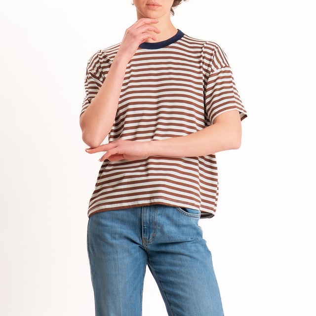 Haveone-T-shirt mezza manica a righe in jersey - blu/tabacco/panna