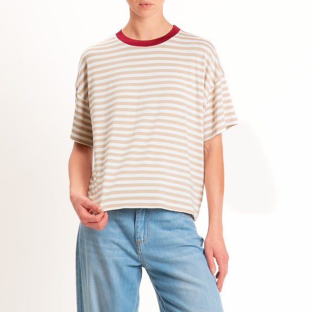 Haveone-T-shirt mezza manica a righe - india/beige/panna