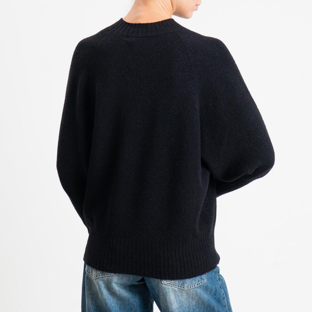 Haveone-Maglia collo montato bordi a coste manica palloncino - nero